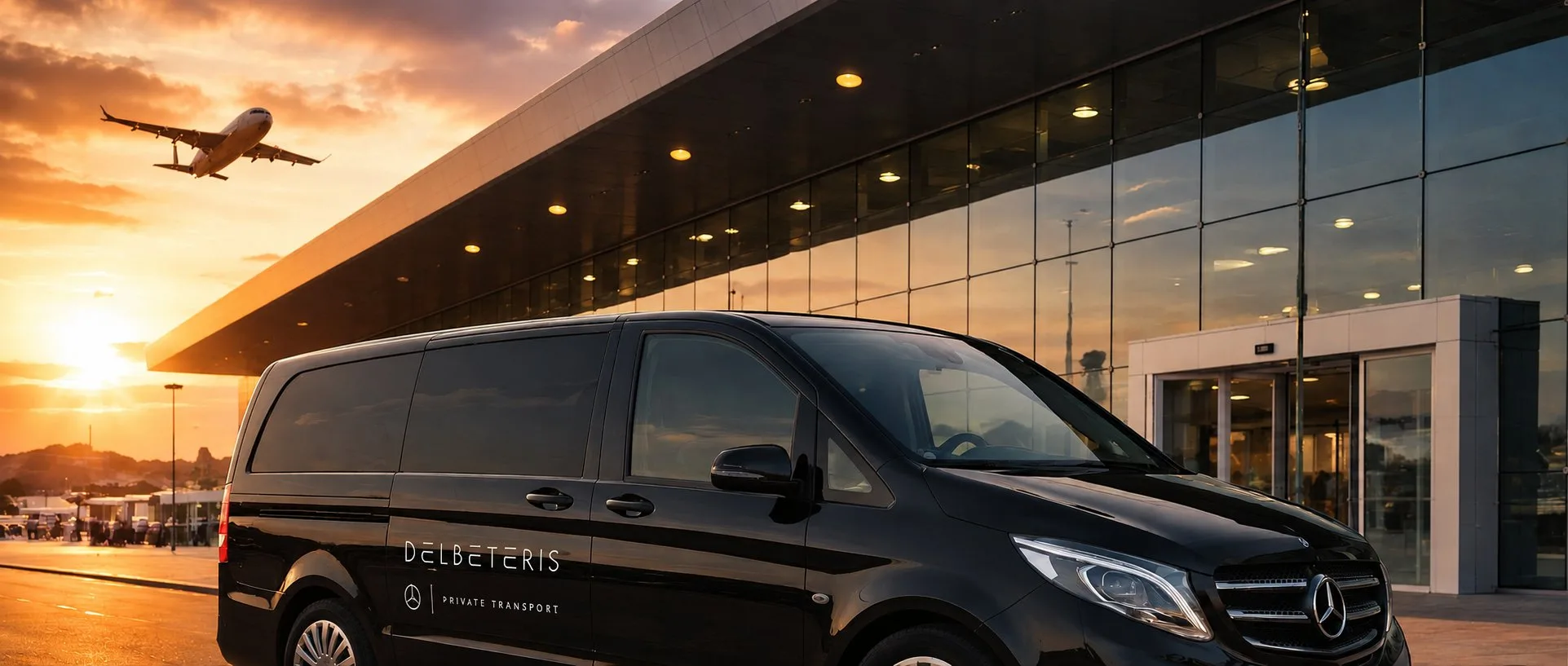 Delbeteris Mercedes-Benz Vito luxury minivan transfer at Kavala airport at sunset
